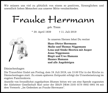 Traueranzeige von Frauke Herrmann von Kieler Nachrichten