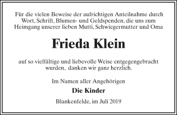 Traueranzeige von Frieda Klein von Märkischen Allgemeine Zeitung