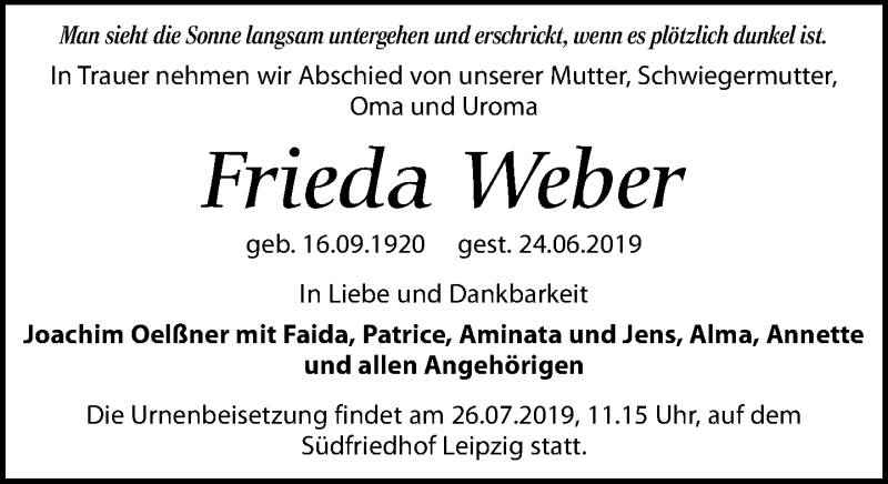  Traueranzeige für Frieda Weber vom 06.07.2019 aus Leipziger Volkszeitung