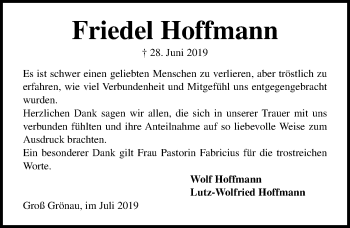 Traueranzeige von Friedel Hoffmann von Lübecker Nachrichten