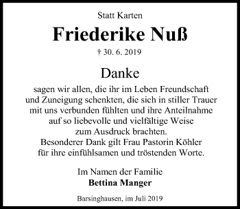 Traueranzeige von Friederike Nuß von Hannoversche Allgemeine Zeitung/Neue Presse