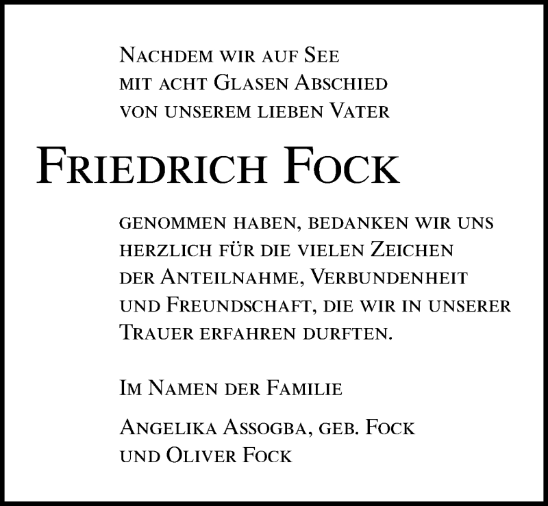  Traueranzeige für Friedrich Fock vom 14.07.2019 aus Lübecker Nachrichten