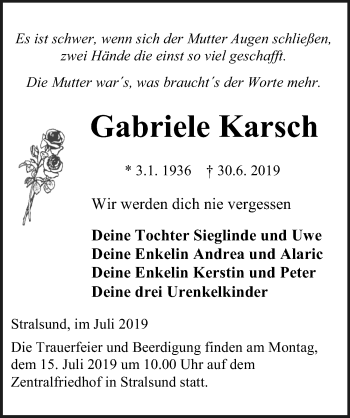 Traueranzeige von Gabriele Karsch von Ostsee-Zeitung GmbH