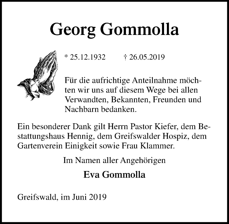  Traueranzeige für Georg Gommolla vom 29.06.2019 aus Ostsee-Zeitung GmbH