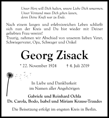 Traueranzeige von Georg Zisack von Kieler Nachrichten
