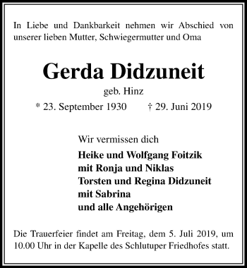 Traueranzeige von Gerda Didzuneit von Lübecker Nachrichten