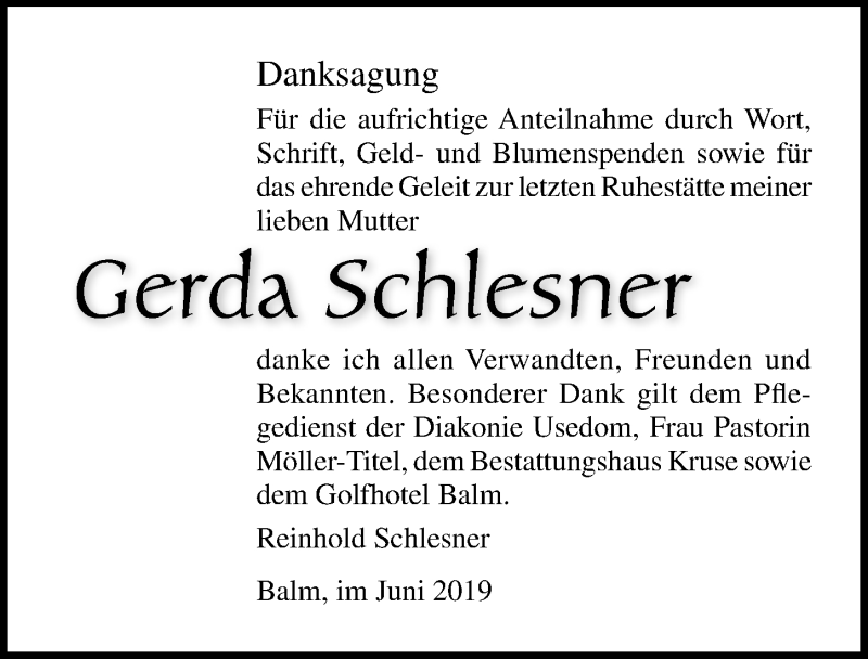  Traueranzeige für Gerda Schlesner vom 13.07.2019 aus Ostsee-Zeitung GmbH
