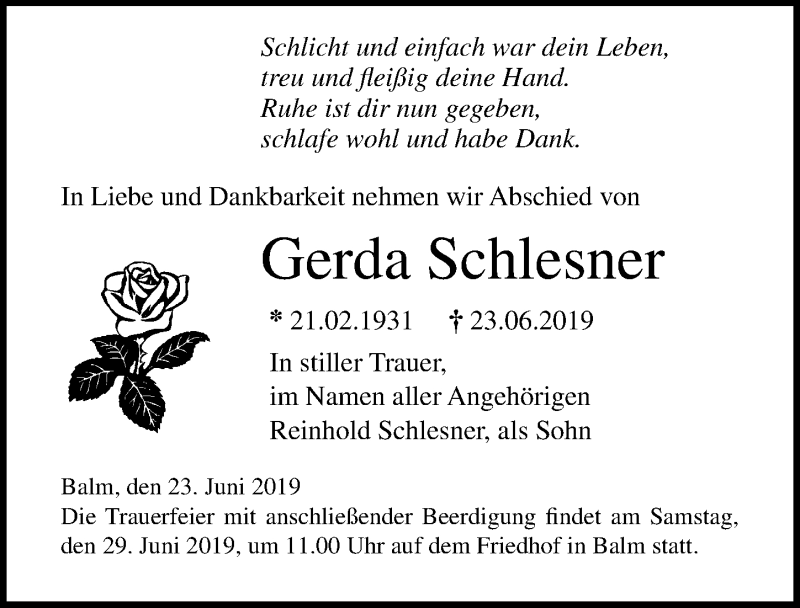  Traueranzeige für Gerda Schlesner vom 27.06.2019 aus Ostsee-Zeitung GmbH
