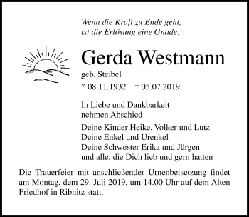 Traueranzeige von Gerda Westmann von Ostsee-Zeitung GmbH