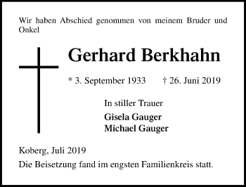 Traueranzeige von Gerhard Berkhahn von Lübecker Nachrichten