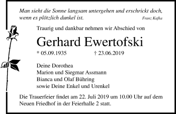 Traueranzeige von Gerhard Ewertofski von Ostsee-Zeitung GmbH