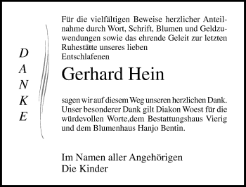 Traueranzeige von Gerhard Hein von Ostsee-Zeitung GmbH