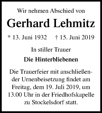 Traueranzeige von Gerhard Lehmitz von Lübecker Nachrichten