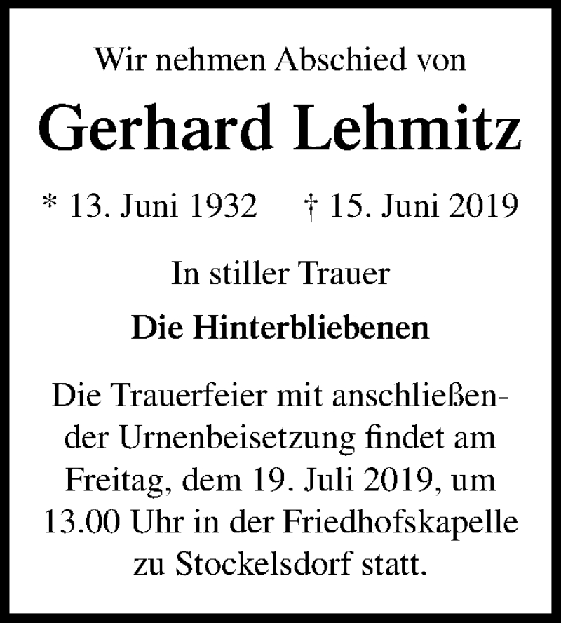  Traueranzeige für Gerhard Lehmitz vom 14.07.2019 aus Lübecker Nachrichten
