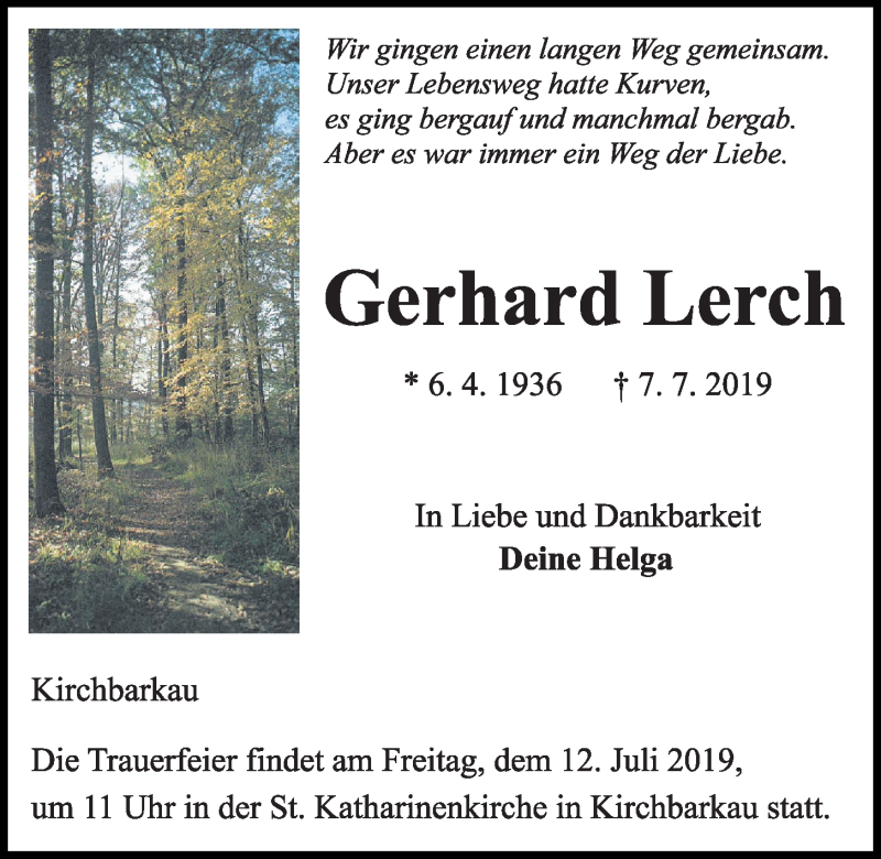  Traueranzeige für Gerhard Lerch vom 10.07.2019 aus Kieler Nachrichten