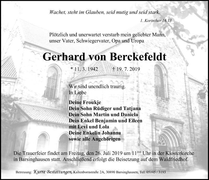  Traueranzeige für Gerhard von Berckefeldt vom 23.07.2019 aus Hannoversche Allgemeine Zeitung/Neue Presse