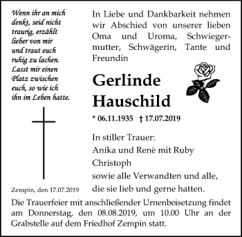 Traueranzeige von Gerlinde Hauschild von Ostsee-Zeitung GmbH