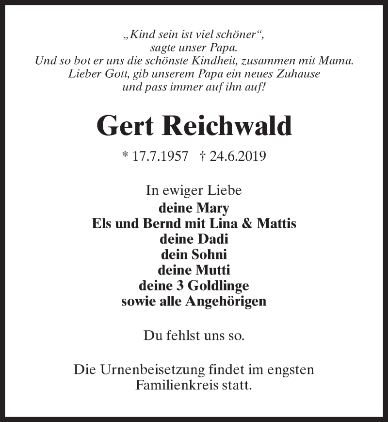  Traueranzeige für Gert Reichwald vom 29.06.2019 aus Märkischen Allgemeine Zeitung