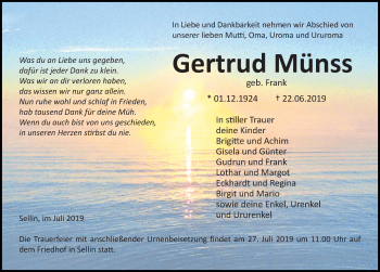 Traueranzeige von Gertrud Münss von Ostsee-Zeitung GmbH