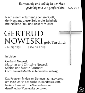 Traueranzeige von Gertrud Noweski von Leipziger Volkszeitung