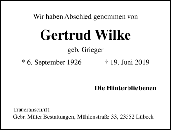 Traueranzeige von Gertrud Wilke von Lübecker Nachrichten