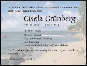 Traueranzeige von Gisela Grünberg von Ostsee-Zeitung GmbH