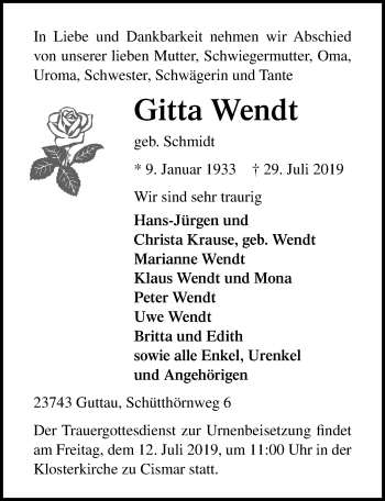 Traueranzeige von Gitta Wendt von Lübecker Nachrichten