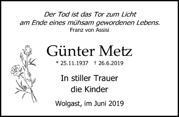 Traueranzeige von Günter Metz von Ostsee-Zeitung GmbH