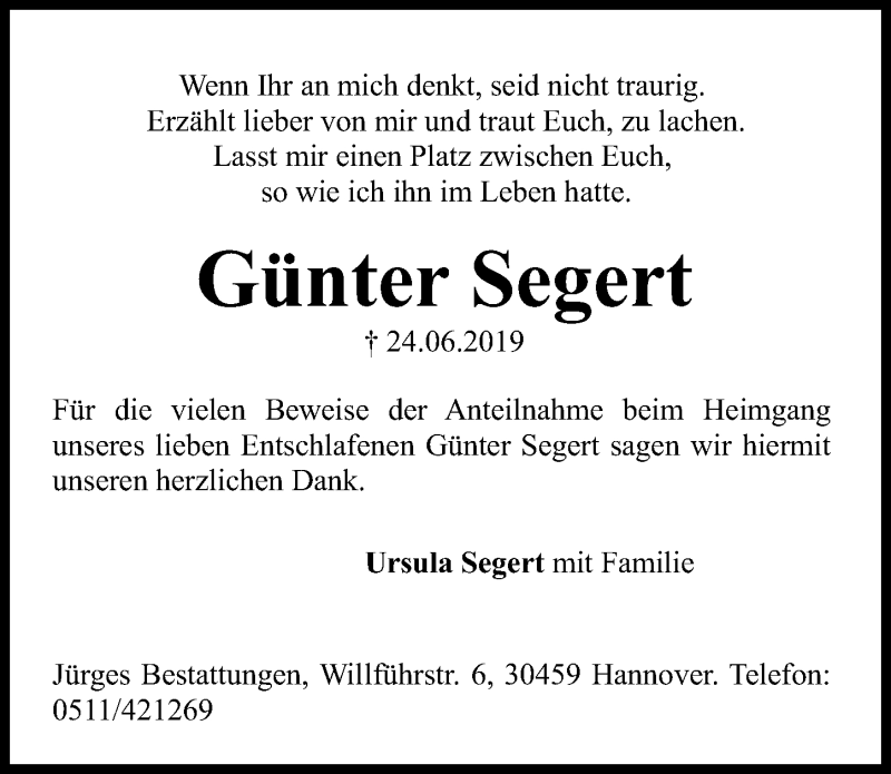  Traueranzeige für Günter Segert vom 27.07.2019 aus Hannoversche Allgemeine Zeitung/Neue Presse