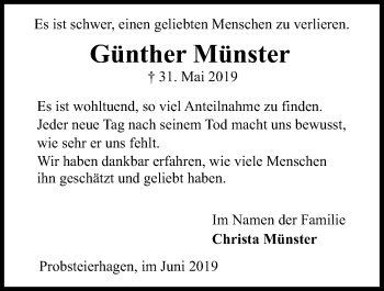 Traueranzeige von Günther Münster von Kieler Nachrichten