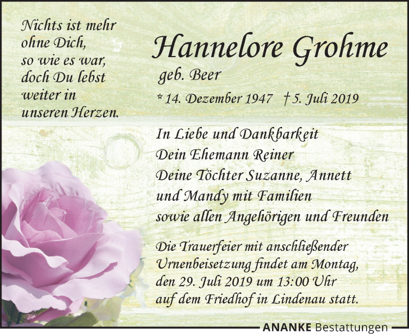  Traueranzeige für Hannelore Grohme vom 20.07.2019 aus Leipziger Volkszeitung