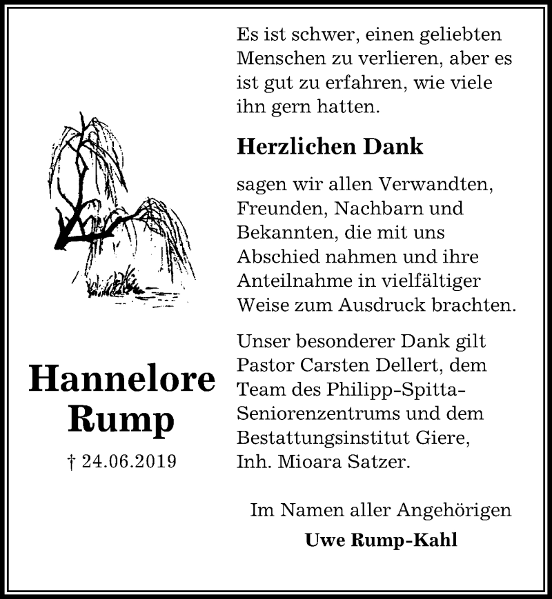  Traueranzeige für Hannelore Rump vom 13.07.2019 aus Peiner Allgemeine Zeitung