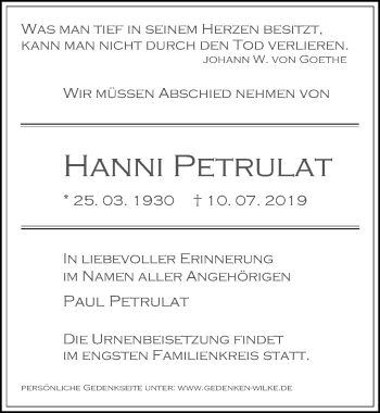 Traueranzeige von Hanni Petrulat von Märkischen Allgemeine Zeitung