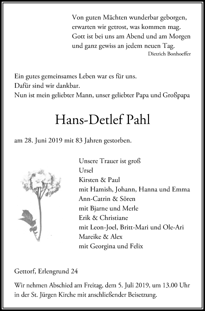  Traueranzeige für Hans-Detlef Pahl vom 03.07.2019 aus Kieler Nachrichten