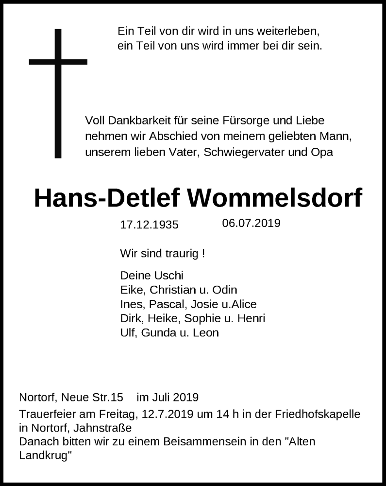  Traueranzeige für Hans-Detlef Wommelsdorf vom 09.07.2019 aus Kieler Nachrichten