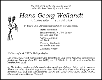 Traueranzeige von Hans-Georg Weilandt von Lübecker Nachrichten