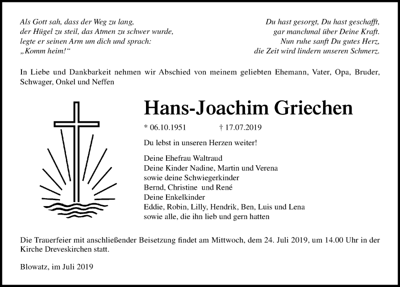  Traueranzeige für Hans-Joachim Griechen vom 20.07.2019 aus Ostsee-Zeitung GmbH