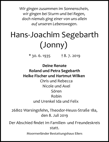 Traueranzeige von Hans-Joachim Segebarth von Ostsee-Zeitung GmbH