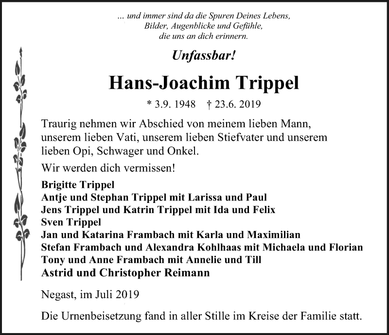  Traueranzeige für Hans-Joachim Trippel vom 20.07.2019 aus Ostsee-Zeitung GmbH