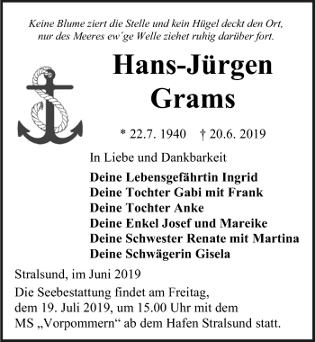 Traueranzeige von Hans-Jürgen Grams von Ostsee-Zeitung GmbH