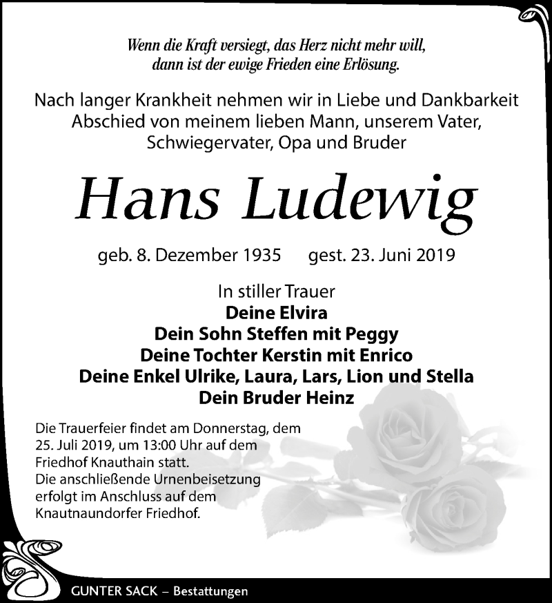  Traueranzeige für Hans Ludewig vom 13.07.2019 aus Leipziger Volkszeitung