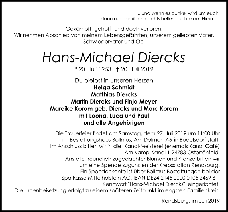  Traueranzeige für Hans-Michael Diercks vom 24.07.2019 aus Kieler Nachrichten