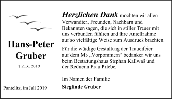 Traueranzeige von Hans-Peter Gruber von Ostsee-Zeitung GmbH