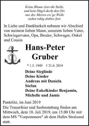 Traueranzeige von Hans-Peter Gruber von Ostsee-Zeitung GmbH