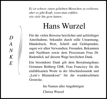 Traueranzeige von Hans Wurzel von Ostsee-Zeitung GmbH