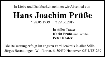 Traueranzeige von Hans Joachim Prüße von Hannoversche Allgemeine Zeitung/Neue Presse