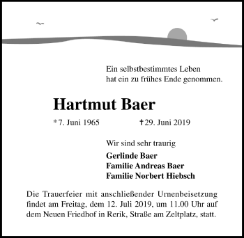 Traueranzeige von Hartmut Baer von Ostsee-Zeitung GmbH