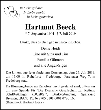 Traueranzeige von Hartmut Beeck von Lübecker Nachrichten