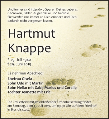 Traueranzeige von Hartmut Knappe von Leipziger Volkszeitung