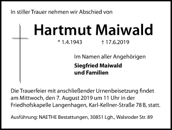 Traueranzeige von Hartmut Maiwald von Hannoversche Allgemeine Zeitung/Neue Presse